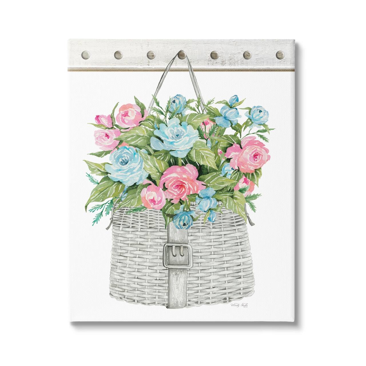 Stupell Industries Blue And Pink Blooming Roses Spring Plant Basket Canvas Wall Art